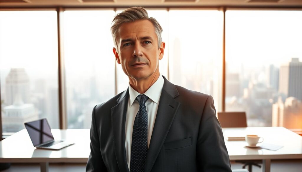 A-professional-middle-aged-person-in-a-suit-and-tie-standing-confidently-in-a-modern-office-1024x585 Portage salarial : Une Solution pour les Professionnels Indépendants