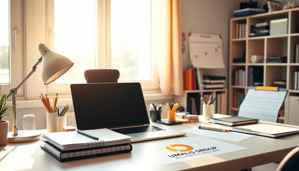 A-bright-organized-home-office-with-a-neatly-arranged-desk-featuring-the-Umalis-Group-logo.-On-1024x585 Comment gérer son stress et son équilibre émotionnel en portage salarial