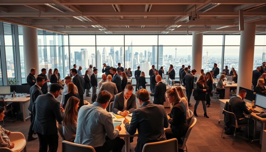 A-bustling-modern-office-space-filled-with-activity-and-collaboration.-In-the-foreground-1024x585 Qu'est-ce que le management de transition ? Guide pour les indépendants