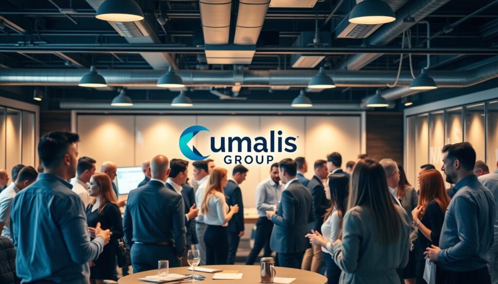 A-bustling-professional-network-in-a-sleek-and-modern-co-working-space.-At-the-center-the-1024x585 Guide : comment trouver des missions en portage salarial