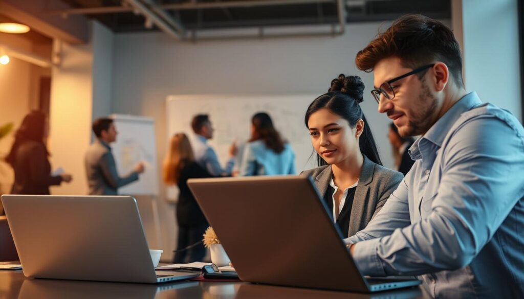 A-bustling-scene-of-Umalis-Group-communication-consultants-engaged-in-collaborative-strategies--1024x585 Créer des synergies avec d'autres consultants en portage salarial