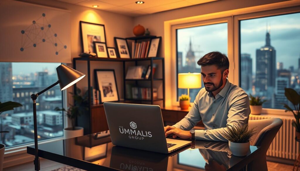 A-cozy-home-office-setting-with-a-consultant-working-at-a-sleek-desk-surrounded-by-elegant-1024x585 Bonnes pratiques en portage salarial : Guide pour les indépendants