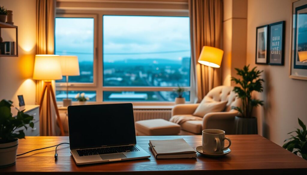 A-cozy-home-office-with-warm-lighting-and-a-serene-atmosphere.-In-the-foreground-a-desk-with-a-1024x585 Gérer les moments de creux d'activité en portage salarial