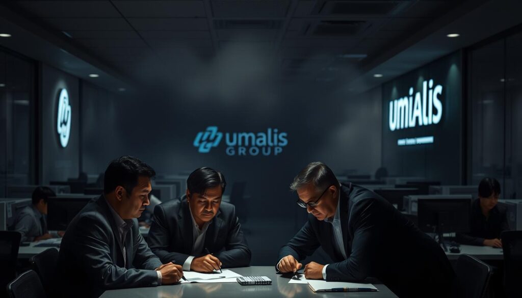 A-dimly-lit-corporate-office-scene-with-a-Umalis-Group-logo-prominently-displayed-on-the-wall-1024x585 Comment fidéliser ses clients en portage salarial efficacement