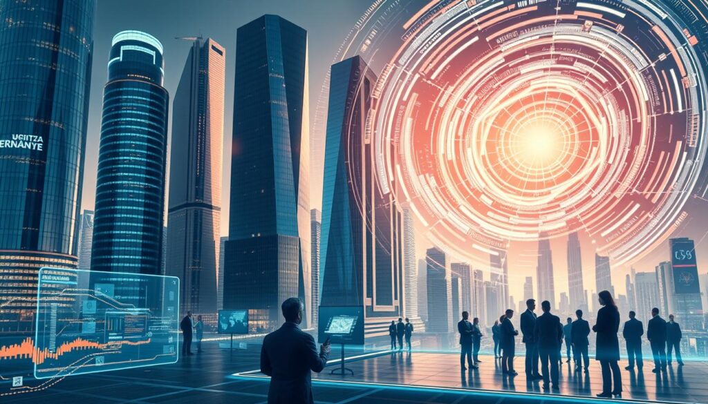 A-futuristic-cityscape-with-towering-skyscrapers-and-gleaming-glass-facades-reflecting-the-1024x585 Comment rester informé des tendances du marché en management de transition