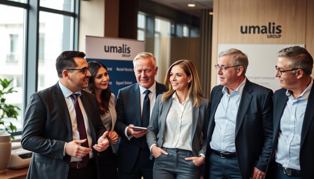 A-group-of-well-dressed-professional-looking-individuals-engaged-in-animated-discussion-1024x585 Stratégies de Networking Efficaces pour les Consultants en Portage Salarial en France