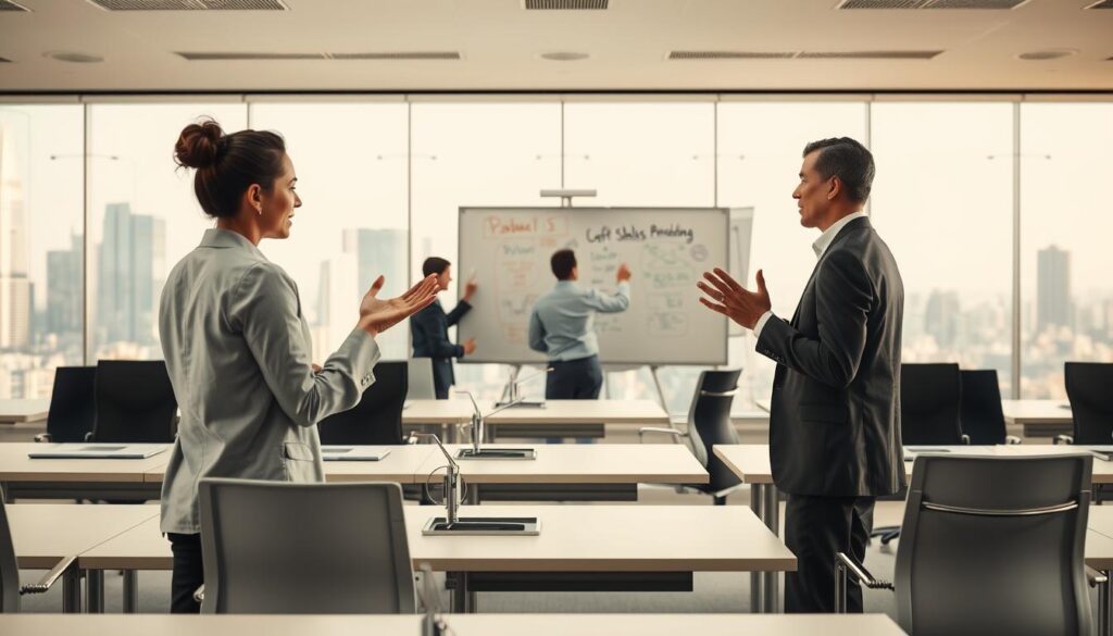 A-meticulously-crafted-scene-of-soft-skills-and-management.-A-well-lit-office-setting-with-1024x585 Devenir Consultant en Management de Transition : Étapes et Conseils