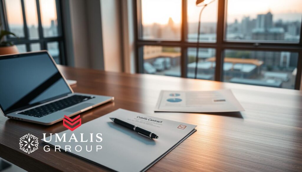 A-modern-minimalist-home-office-scene-with-a-laptop-pen-and-stack-of-documents-on-a-sleek-1024x585 Guide pour négocier un contrat de portage salarial