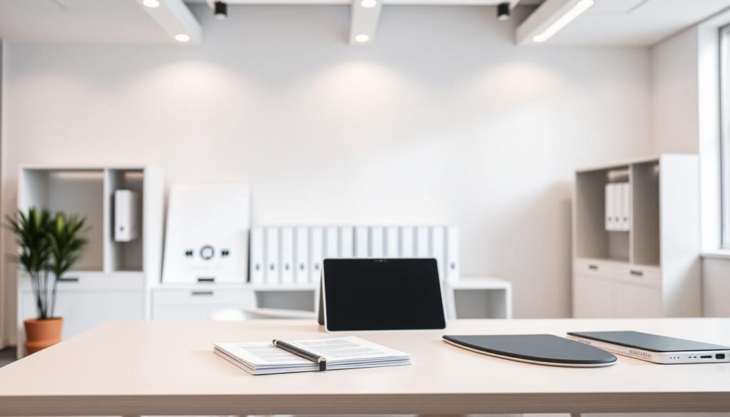 A-modern-minimalist-office-interior-with-clean-lines-and-soft-lighting.-In-the-foreground-a-1024x585 Portage salarial pour les freelances et consultants indépendants : Sécurité et Flexibilité