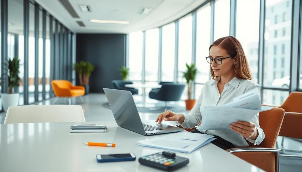 A-modern-minimalist-office-interior-with-sleek-furniture-and-clean-lines.-In-the-foreground-a-1024x585 Stratégies de Networking Efficaces pour les Consultants en Portage Salarial en France