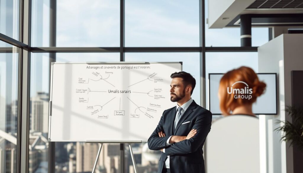 A-modern-office-setting-with-a-large-window-overlooking-a-cityscape.-In-the-foreground-two-1024x585 Les différences entre portage salarial et intérim expliquées