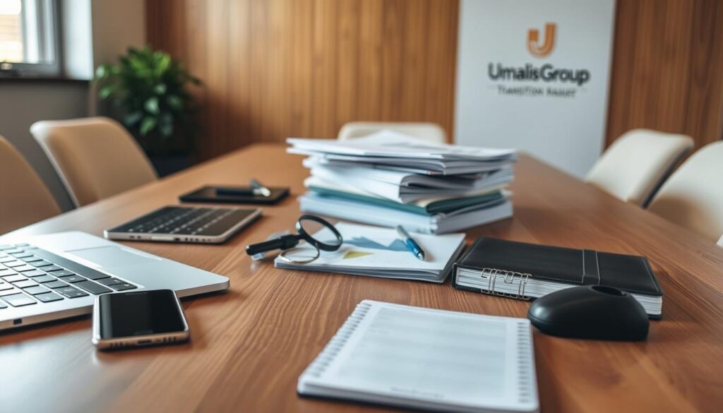 A-modern-office-workspace-with-a-wooden-table-showcasing-various-prospecting-tools-for-a-1024x585 Comment se former et se perfectionner en management de transition efficacement