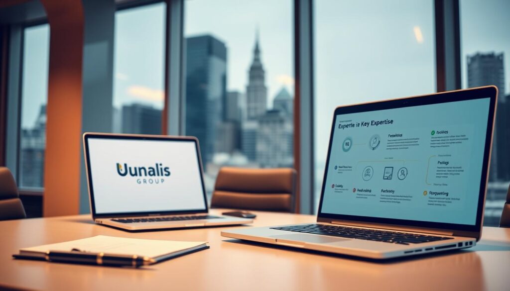 A-modern-sleek-office-scene-with-a-professional-well-lit-setup.-In-the-foreground-a-laptop-1024x585 Comment valoriser son expérience et ses compétences en portage salarial ?