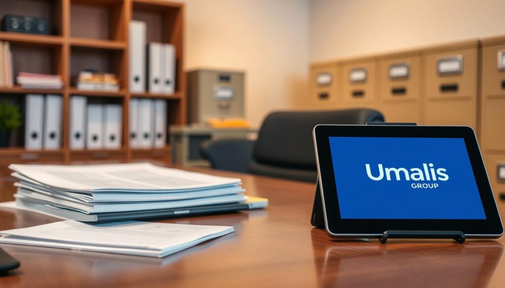 A-neatly-organized-office-desk-with-a-laptop-a-stack-of-documents-and-a-tablet-displaying-the-1024x585 Comment garantir la confidentialité des données en portage salarial ?