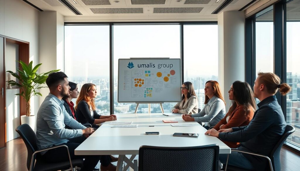 A-peaceful-well-lit-office-interior-with-a-diverse-group-of-professionals-engaged-in-active-1024x585 Comment être un leader inspirant en portage salarial ?