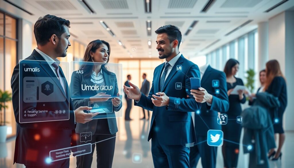 A-professional-business-networking-scene-with-a-futuristic-digital-aesthetic.-In-the-1024x585 Comment se protéger des risques en portage salarial efficacement