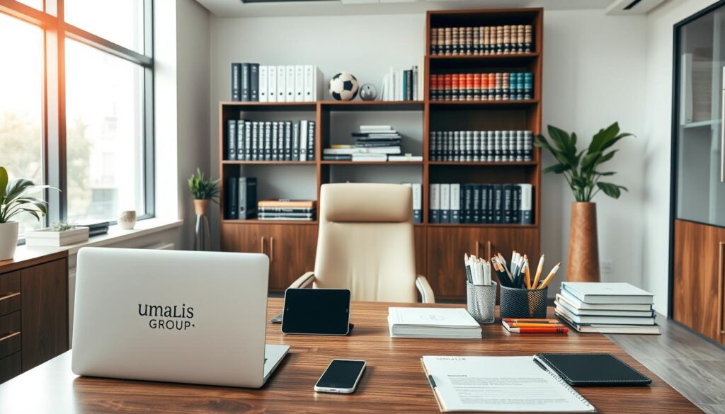 A-professional-elegant-office-space-filled-with-a-variety-of-productivity-tools-and-management-1024x585 Groupes d'entraide et communautés de consultants en portage salarial : Soutien et Ressources