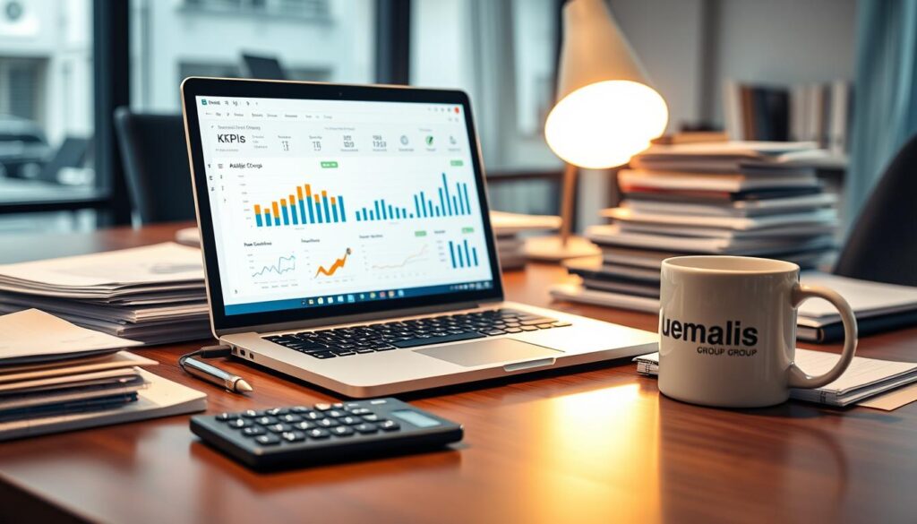 A-professional-neatly-organized-office-desk-with-a-laptop-displaying-KPIs-analytics-1024x585 Portage Salarial : Maximiser son Potentiel de Réussite