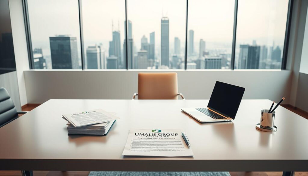A-sleek-minimalist-office-setting-with-a-large-desk-featuring-the-Umalis-Group-logo-1024x585 Solutions de partenariats pour les consultants en portage salarial