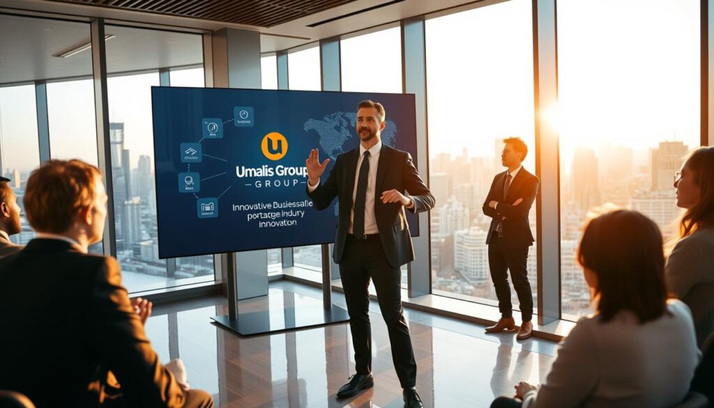 A-sleek-modern-office-interior-with-a-large-window-overlooking-a-bustling-city-skyline.-In-the-1024x585 Portage Salarial : Comment Rester Agile Face aux Changements de Marché