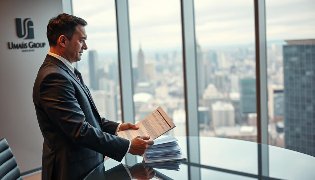 A-sleek-modern-office-setting-with-a-businessman-in-a-sharp-suit-standing-at-a-glass-topped-1024x585 Comment diversifier ses sources de revenus en portage salarial ?