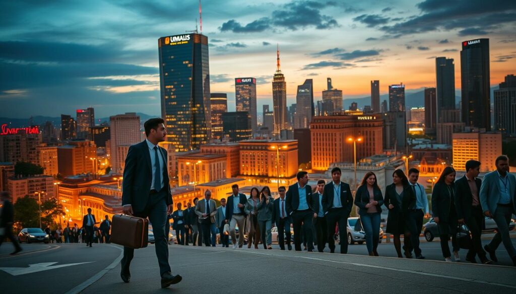 A-sprawling-cityscape-at-dusk-illuminated-by-the-warm-glow-of-streetlights-and-the-Umalis-1024x585 Dernières mises à jour sur la législation en matière de portage salarial