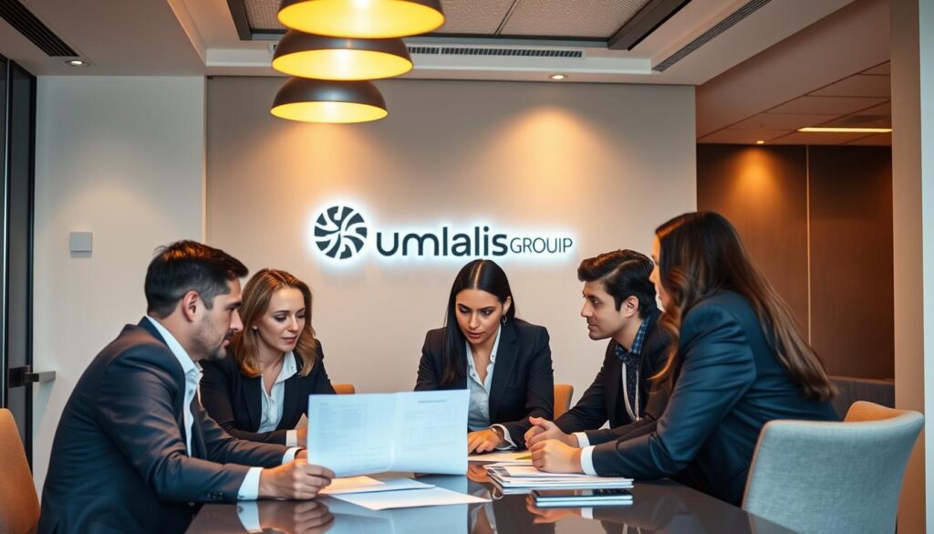 A-stylish-modern-office-setting-with-a-team-of-professionals-in-business-attire-huddled-around-1024x585 Appels d'offres en portage salarial : comment répondre efficacement