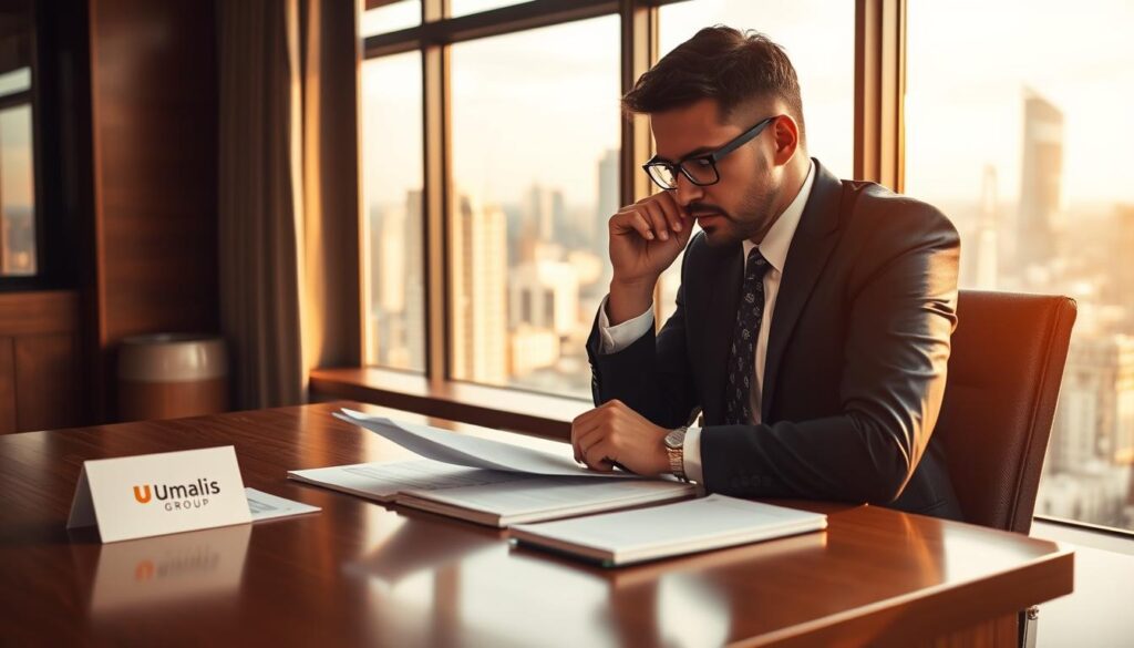 A-thoughtful-business-person-dressed-in-a-tailored-suit-sits-at-a-polished-oak-desk-intently-1024x585 Établir des relations durables en portage salarial avec succès