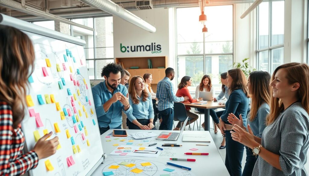 A-vibrant-dynamic-scene-depicting-a-team-of-professionals-collaborating-to-stimulate-1024x585 Comment Favoriser l'Innovation et la Créativité en Portage Salarial ?