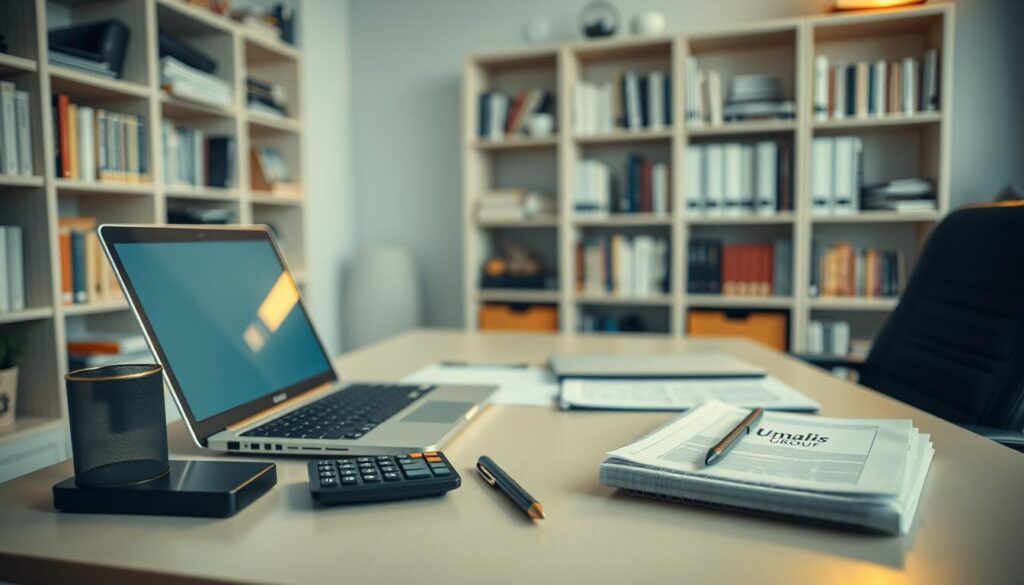 A-well-lit-home-office-with-an-ergonomic-desk-a-laptop-and-a-stack-of-documents.-On-the-desk-1024x585 Communautés et groupes d'entraide pour consultants en portage salarial