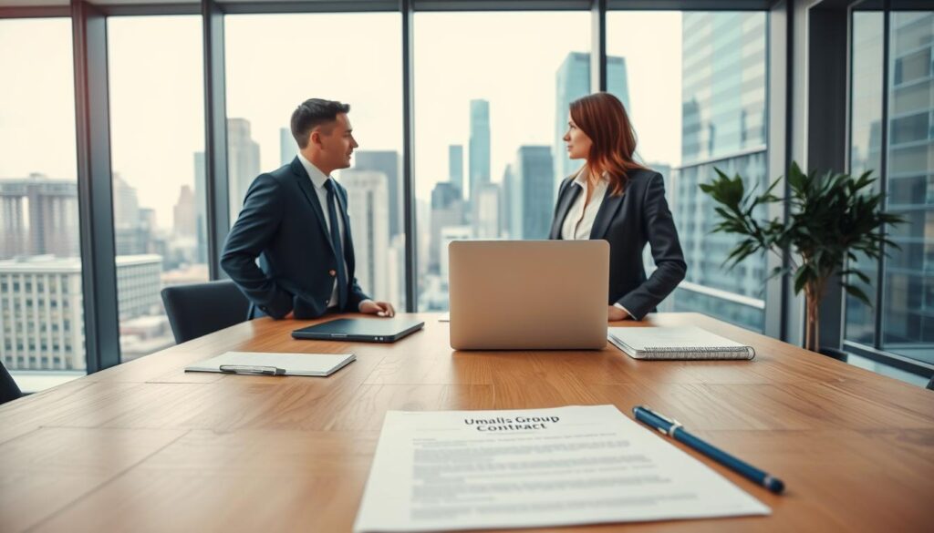 A-well-lit-modern-office-interior-with-a-large-wooden-desk-prominently-featured-in-the-1024x585 Communautés et groupes d'entraide pour consultants en portage salarial