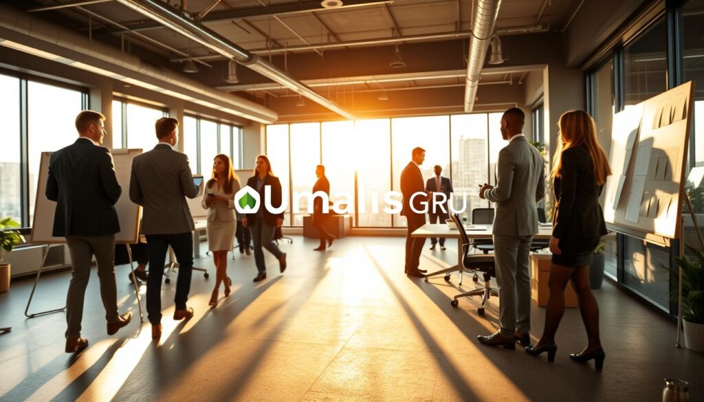 An-office-workspace-with-a-flexible-adaptable-layout.-Professionals-in-business-attire-1024x585 Portage Salarial : Comment Rester Agile Face aux Changements de Marché