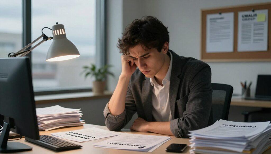 A-frustrated-young-developer-dressed-in-smart-casual-attire-sits-at-a-cluttered-desk-in-a-1024x585 Portage salarial pour développeur : guide complet 2025