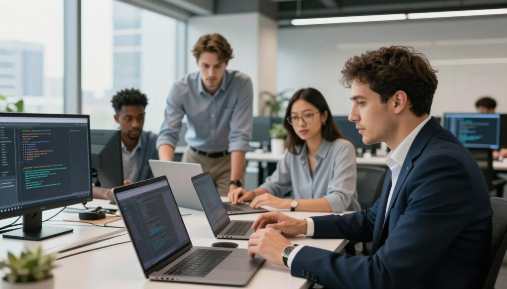 A-lead-developer-overseeing-a-technical-team-in-a-modern-open-plan-office-environment.-The-1024x585 Lead tech en portage salarial : prendre la tête d'une équipe en mission