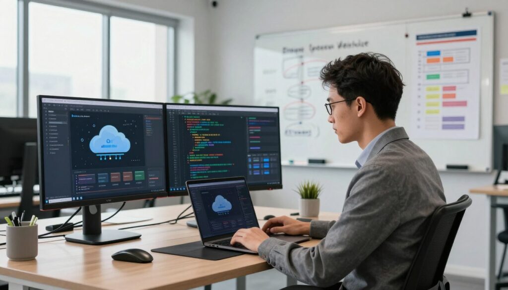 A-modern-office-environment-featuring-a-professional-DevOps-engineer-in-business-attire-1024x585 Ingénieur DevOps en freelance : portage salarial ou SASU ?