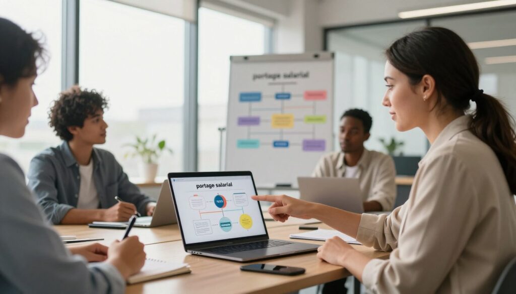 A-modern-office-setting-depicting-a-diverse-group-of-professionals-engaging-in-a-discussion-1024x585 Portage salarial pour développeur : guide complet 2025
