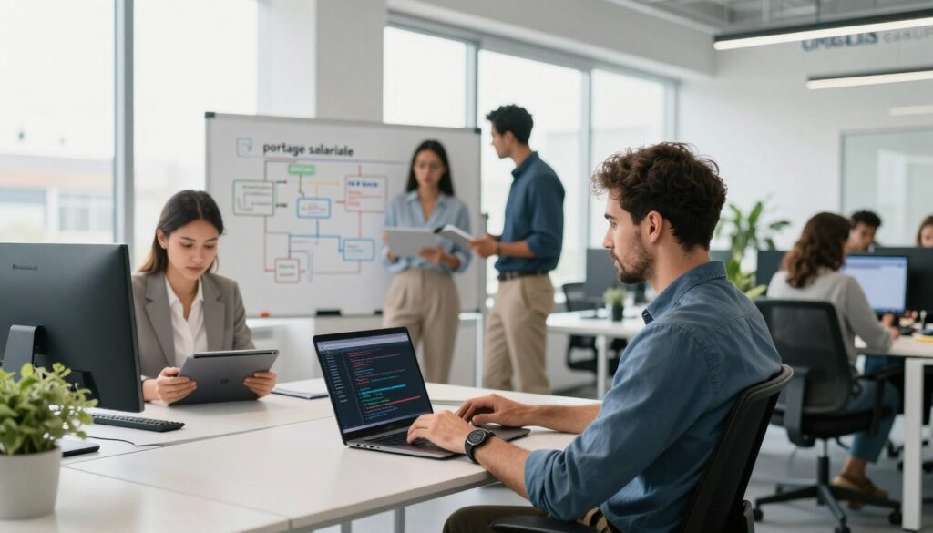 A-modern-office-workspace-featuring-a-diverse-group-of-full-stack-developers-engaged-in-1024x585 Développeur Full Stack en portage salarial : guide pratique