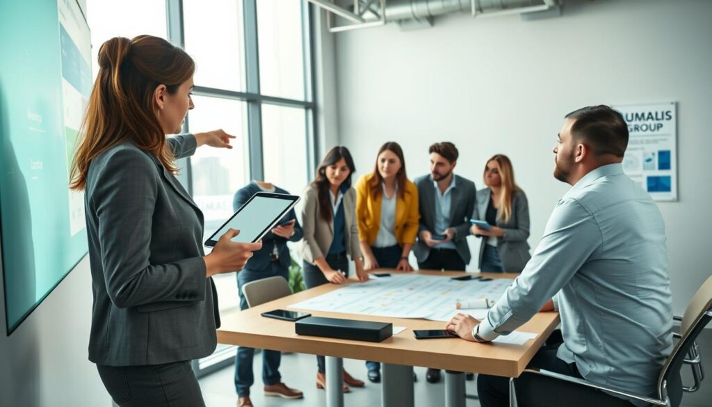 A-professional-workspace-featuring-a-Product-Owner-engaged-in-discussions-with-a-diverse-team.--1024x585 Product Owner en portage salarial : mission et rémunération
